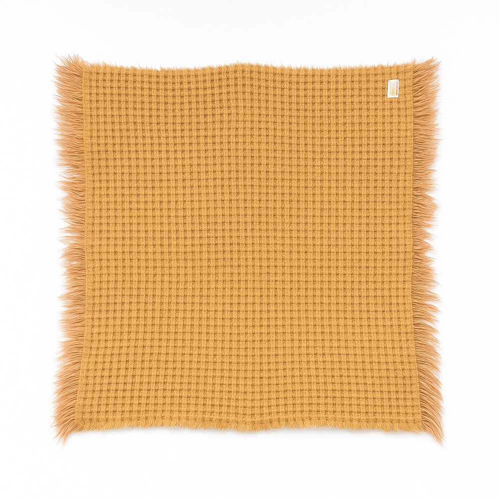 Vintage Plaid Wool Throw‎ Blanket Gold Tan Pink Fringed 38x42 PENDLETON Style